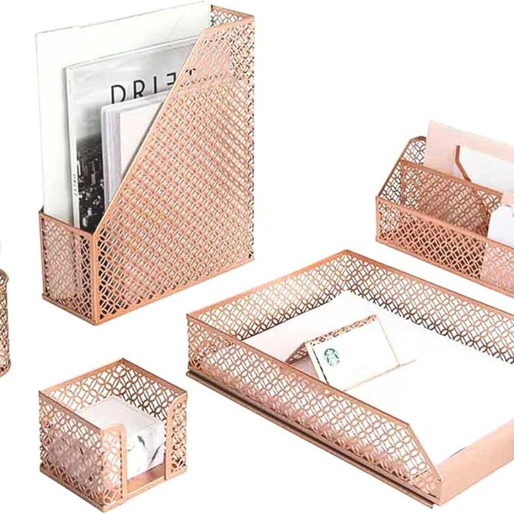 Rose Gold Desk Organizer Set – 6-Piece Desk Accessories for Mail, Sticky Notes,